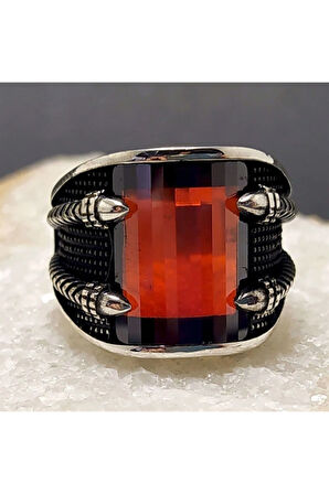 Kırmızı Zirkon Taşlı Pençe Erkek Gümüş Yüzük