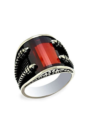 Kırmızı Zirkon Taşlı Pençe Erkek Gümüş Yüzük