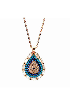 Baget Ve Turkuaz Taşlı Damla Model Nazar Boncuğu Rose Renk Gümüş Kolye