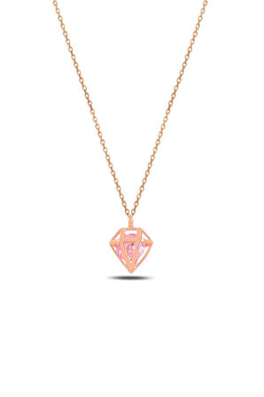 Kafes Model Yuvarlak Pembe Taşlı Kadın Gümüş Kolye Gklkfsmodl1-ros