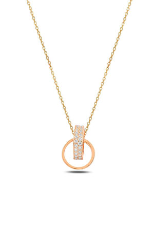 Zirkon Taşlı Rose Renk Çift Yüzük Model Kadın Gümüş Kolye Gklcftyzkm1-ros