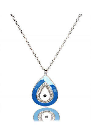 Mavi Nazar Boncuklu Damla Modeli Kadın Gümüş Kolye