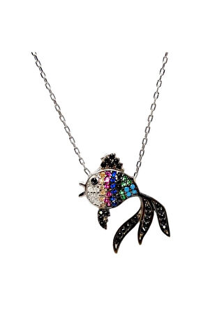 Siyah Taşlı Balık Gümüş Kolye Zincir