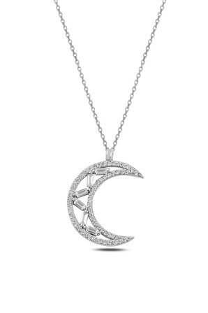 Zirkon Taşlı Hilal Model Kadın Gümüş Kolye Gklgmshllm1-gms