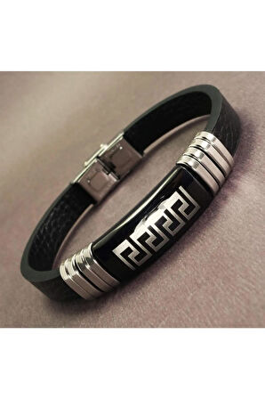 Ottoman Grek Motifli Suni Deri Çelik Erkek Bileklik