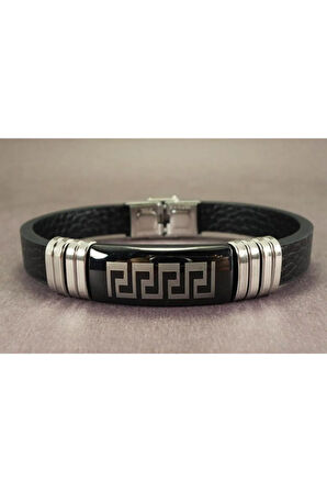 Ottoman Grek Motifli Suni Deri Çelik Erkek Bileklik