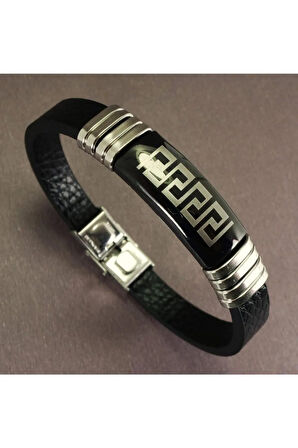 Ottoman Grek Motifli Suni Deri Çelik Erkek Bileklik