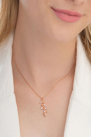 Baget Taşlı Yaprak Model Kadın Gümüş Kolye Gklyprkmdl5-ros