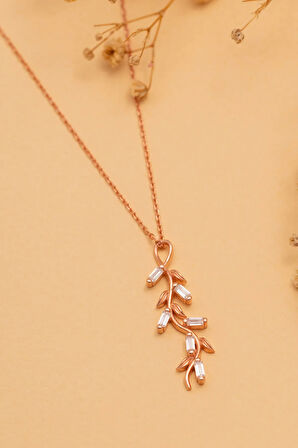 Baget Taşlı Yaprak Model Kadın Gümüş Kolye Gklyprkmdl5-ros