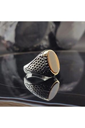 Sarmaşık Desenli Kaplan Gözü Taşlı Gümüş Erkek Yüzük Gyzgmsgumsl