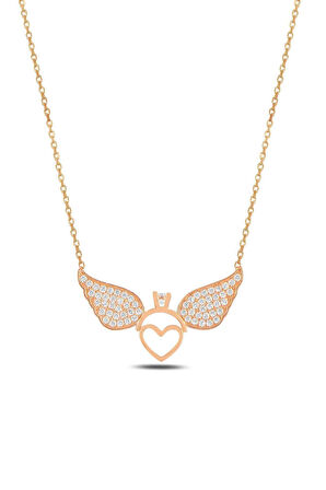 Zirkon Taşlı Rose Renk Kalpli Yüzük Model Kadın Gümüş Kolye Gklmlkkndm2-ros