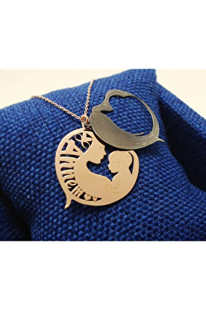 Anneler Günü Hediyesi Annem Yazılı Gümüş Anne Çocuk Kolyesi