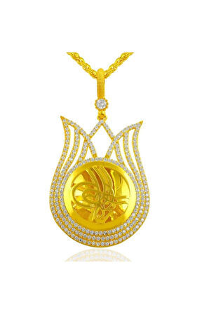 Kadın Gümüş Kolye - Büyük Boy Altın Kaplama Lale Motifli Tuğra Işlemeli Gümüş Kolye