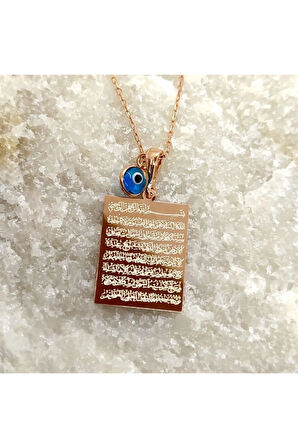 Dikdörtgen Ayetel Kürsi Yazılı Rose Renk Gümüş Kolye