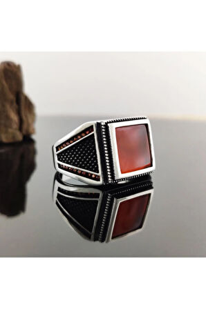 Kırmızı Akik Taşlı Gümüş Erkek Yüzük Gyzgmsgumse