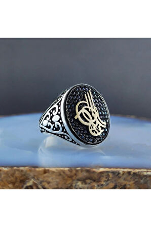 Mikro Taşlı Tuğralı Erkek Gümüş Yüzük Gyzgmsrgumu