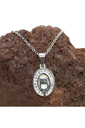 Zirkon Taşlı Baykuş Figürlü Paslanmaz Çelik Kadın Kolye