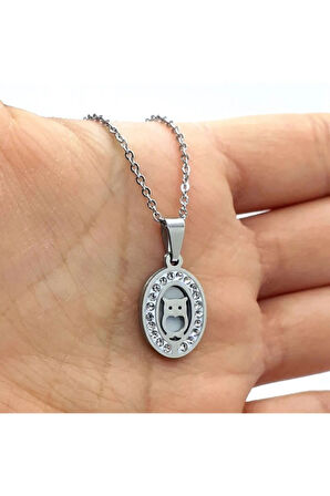 Zirkon Taşlı Baykuş Figürlü Paslanmaz Çelik Kadın Kolye