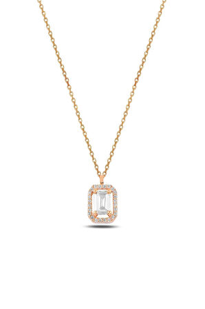 Zirkon Taşlı Rose Renk Dikdörtgen Kadın Gümüş Kolye Gkldkdrtgn1-ros