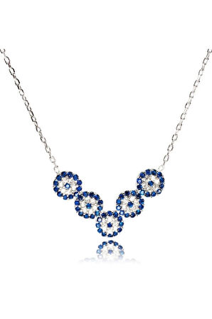 Kadın Gümüş Kolye - V Motifli 5 Nazar Boncuğu Gümüş Kolye