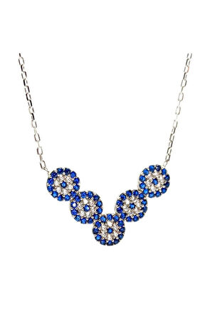 Kadın Gümüş Kolye - V Motifli 5 Nazar Boncuğu Gümüş Kolye