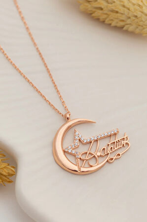 Kadın Gümüş Kolye - Zirkon Taşlı Rose Kemal Atatürk Imzalı Ay Yıldız Gümüş Kolye Gklayyldzm4-ros