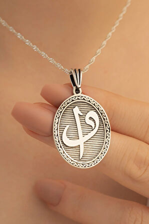 Kadın Gümüş Kolye - Oval Model Vav Elif Yazılı Kadın Kolye Parlak Model