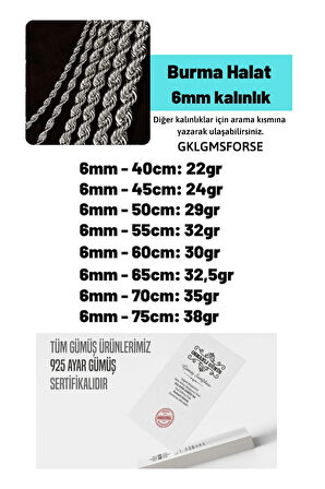 Erkek Gümüş Kolye - 6mm Burma Model Halat Gümüş Kolye Zincir Gklhltburma-gms