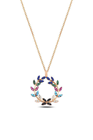 Kadın Mix Taşlı Yuvarlak Yaprak Model Gümüş Kolye Gklyprkmdl4-ros