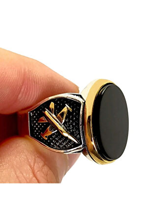 Uçak Motifli Siyah Oniks Taşlı Gümüş Erkek Yüzük