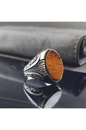 Mikro Taşlı Sarı Kehribar Gümüş Erkek Yüzük Gyzgmsbgumu