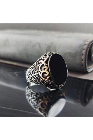 Dalga Desen Siyah Oniks Taşlı Erkek Gümüş Yüzük Gyzgmspgumu