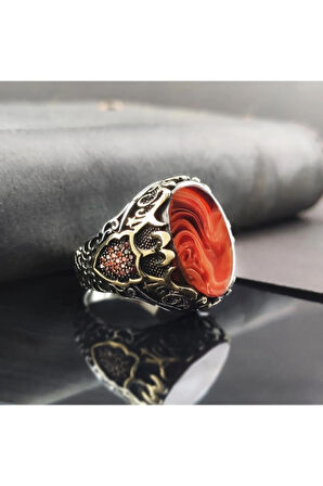 Düz Turuncu Kehribar Erkek Gümüş Yüzük Gyzgmsagumu