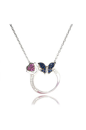 Tektaş Yüzüklü Ve Kelebekli Kadın Gümüş Kolye Orta Boy