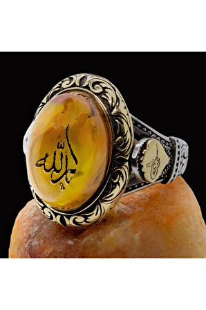 Elhamdülillah Yazılı Tuğralı Sıkma Kehribar Taşlı Gümüş Erkek Yüzük