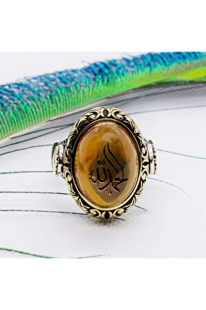 Elhamdülillah Yazılı Tuğralı Sıkma Kehribar Taşlı Gümüş Erkek Yüzük