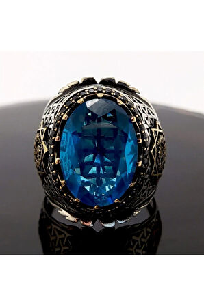 Osmanlı Armalı Aqua Marine Taşlı Gümüş Erkek Yüzük