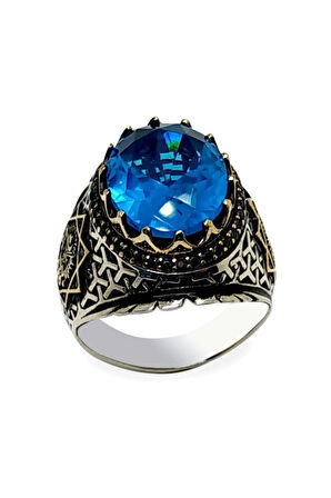 Osmanlı Armalı Aqua Marine Taşlı Gümüş Erkek Yüzük