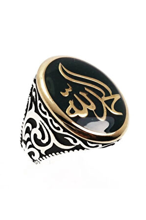 Elhamdülillah Yazılı Yeşil Mineli Gümüş Erkek Yüzük