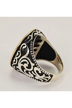 Elhamdülillah Yazılı Yeşil Mineli Gümüş Erkek Yüzük