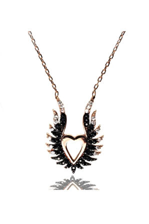 Siyah Kanatlı Kalpli Rose Kadın Gümüş Kolye