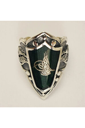 Osmanlı Tuğralı Yeşil Mineli Gümüş Erkek Zihgir Yüzük