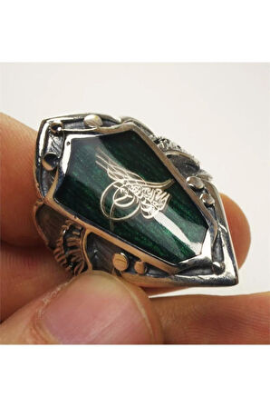 Osmanlı Tuğralı Yeşil Mineli Gümüş Erkek Zihgir Yüzük