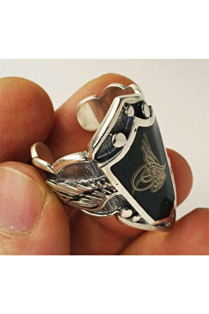 Osmanlı Tuğralı Yeşil Mineli Gümüş Erkek Zihgir Yüzük