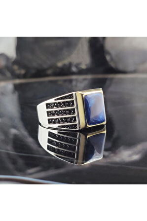 Mikro Taşlı Mavi Mineli Erkek Gümüş Yüzük Gyzgmsgumsp