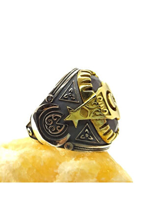 Kırmızı Zirkon Taşlı Ay Yıldız Erkek Gümüş Yüzük