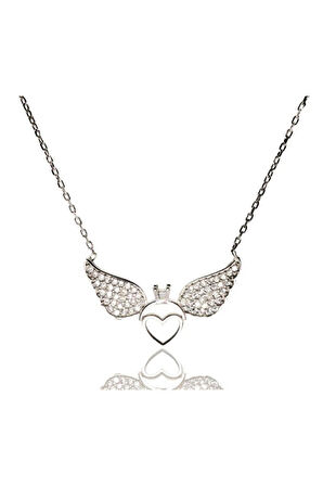 Tektaşlı Kanatlı Kalpli Kadın Gümüş Kolye Orta Boy