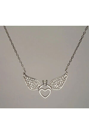 Tektaşlı Kanatlı Kalpli Kadın Gümüş Kolye Orta Boy
