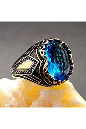 Aquamarin Taşlı Gümüş Erkek Yüzük Avangart Model