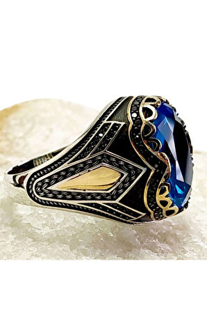 Aquamarin Taşlı Gümüş Erkek Yüzük Avangart Model